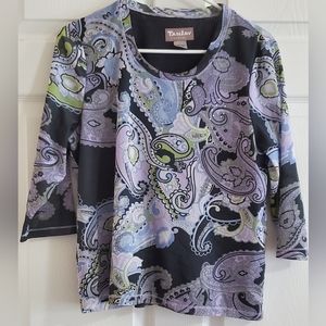 TanJay Petites Woman's Top. Purple/ Black Paisley Stretch Pullover.Size M